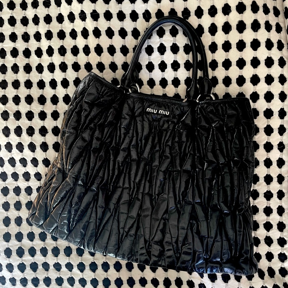 Miu Miu large matelassé shopper tote with black crackle leather.